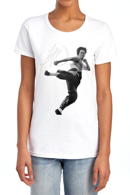 Bruce Lee Flying Kick Womens T-Shirt
