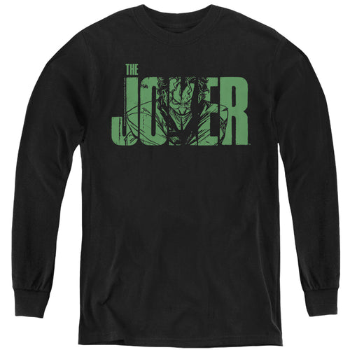The Batman Joker Text on Black Youth Long Sleeve T-Shirt
