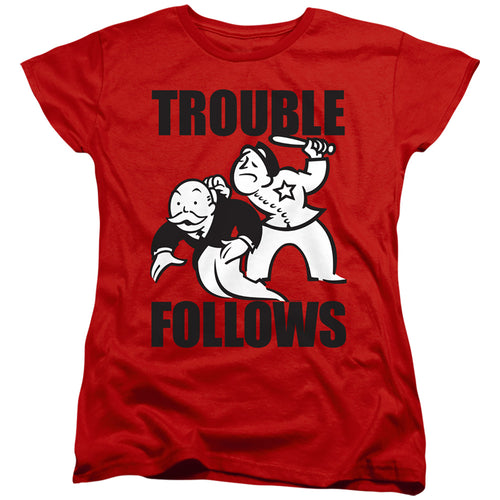 Monopoly Trouble Follows Evergreen Womens T-Shirt