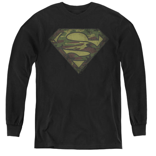 Superman Camo Logo Distressed Youth Long Sleeve T-Shirt