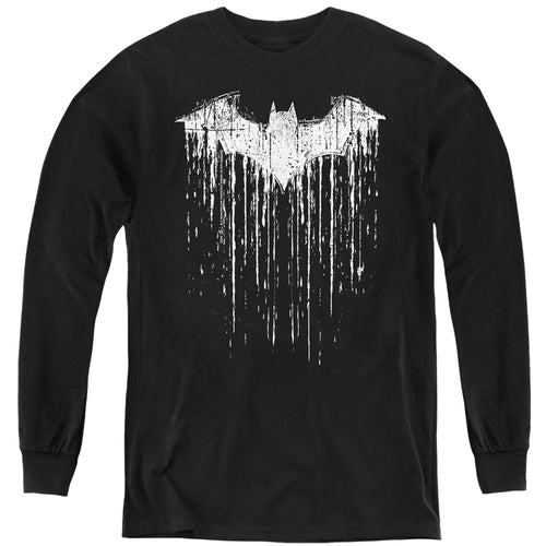 Batman Paint Drip Bat on Black Youth Long Sleeve T-Shirt