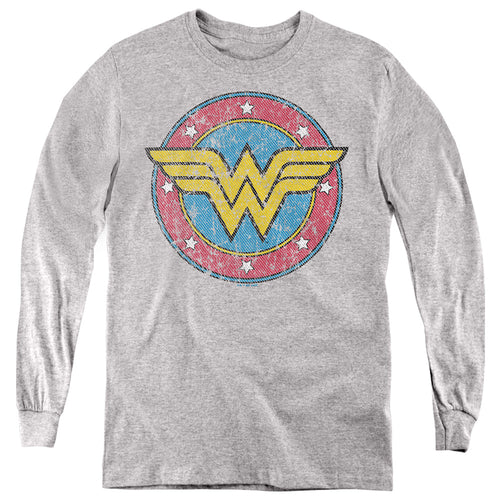 Wonder Woman Classic Circle Logo on Athletic Heather Youth Long Sleeve T-Shirt