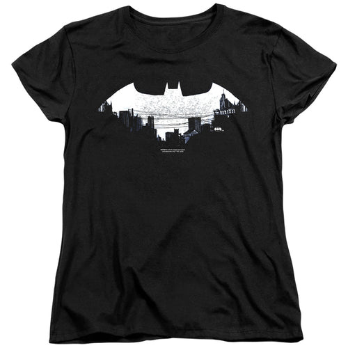 Batman Bat Logo Cityscape Womens T-Shirt