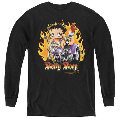 Betty Boop Biker Flames Boop Youth Long Sleeve T-Shirt