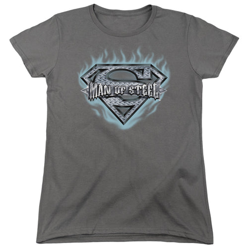 Superman Man of Steel Shield Charcoal Womens T-Shirt