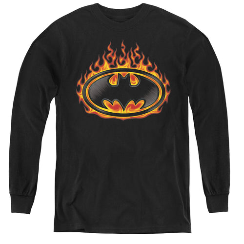 Batman Bat Flames Shield Youth Long Sleeve T-Shirt