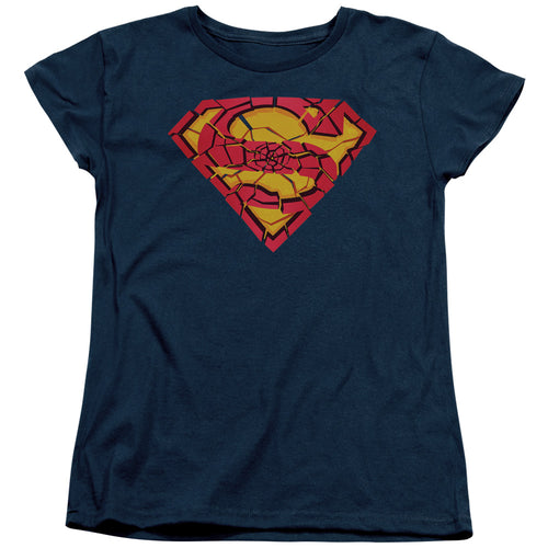 Superman Shattered Shield Navy Womens T-Shirt