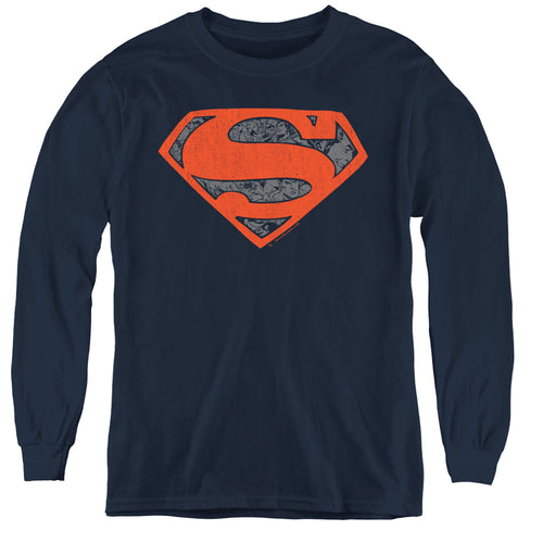 Superman Vintage Shield Collage Navy Youth Long Sleeve T-Shirt