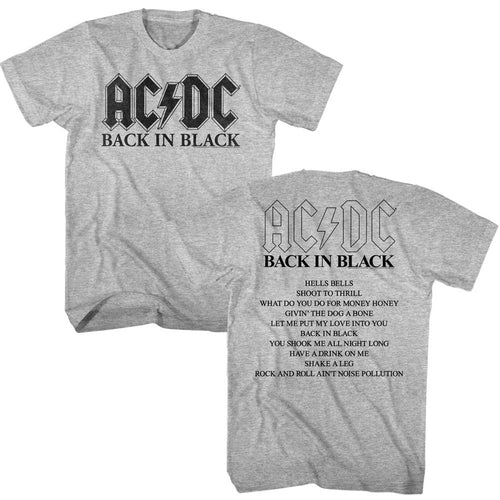 Gray heather AC/DC t-shirt featuring AC/DC Back in Black album graphic