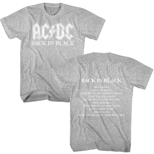 Gray heather AC/DC t-shirt featuring AC/DC Back in Black album graphic