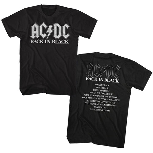 Black AC/DC t-shirt featuring Back in Black album cover artwork tribute