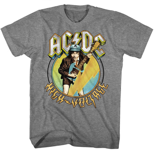 Graphite heather AC/DC t-shirt featuring High Voltage album blue and yellow color design