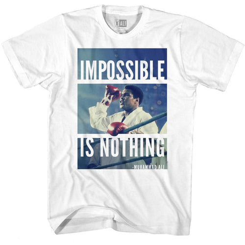 White Muhammad Ali t-shirt featuring Muhammad Ali Impossible Is Nothing quote design
