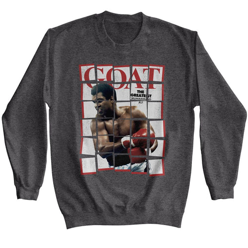 Dark heather Muhammad Ali sweatshirt featuring Muhammad Ali GOAT Greatest of All Time design