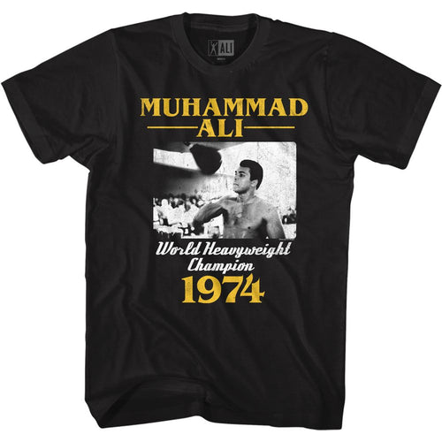 Black Muhammad Ali t-shirt featuring Muhammad Ali Ma74Ss boxing legend design
