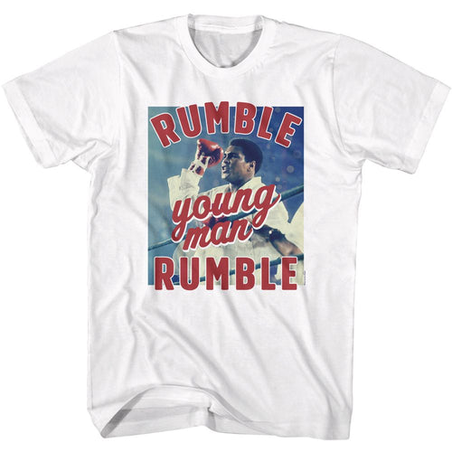 White Muhammad Ali t-shirt featuring Muhammad Ali Rumble Young Man chant design