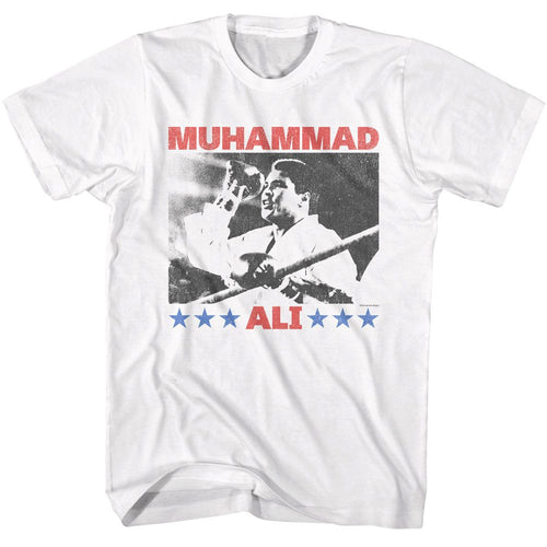 White Muhammad Ali t-shirt featuring Muhammad Ali Raising Fist victory design