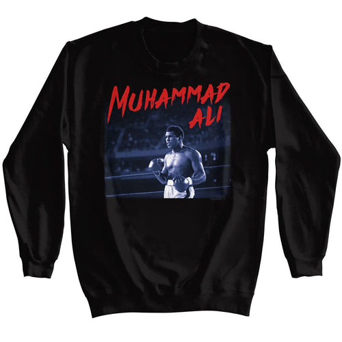 Black Muhammad Ali sweatshirt featuring Muhammad Ali dramatic text treatment design