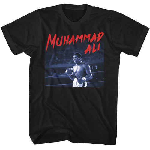 Black Muhammad Ali t-shirt featuring Muhammad Ali Dramatic Text quote design