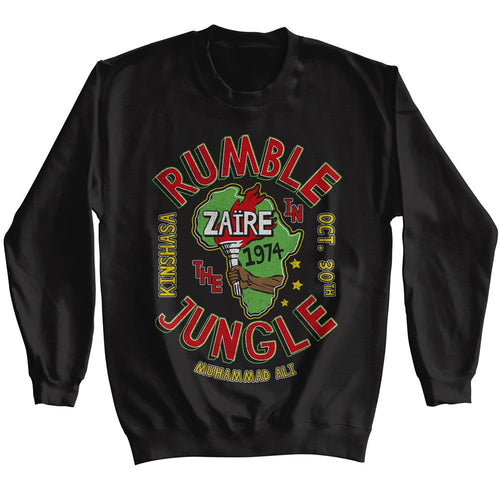 Black Muhammad Ali sweatshirt featuring Muhammad Ali Rumble in the Jungle 1974 design