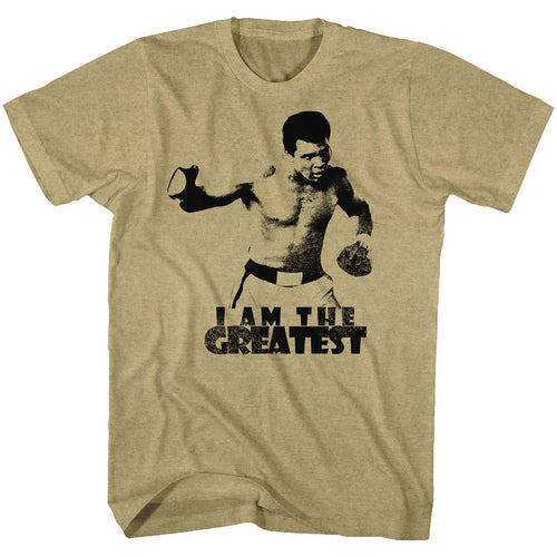 Khaki heather Muhammad Ali t-shirt featuring Muhammad Ali I Am The Greatest quote design