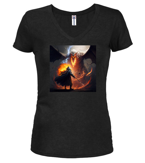 Black Against the Fire Fantasy Juniors V-Neck T-Shirt