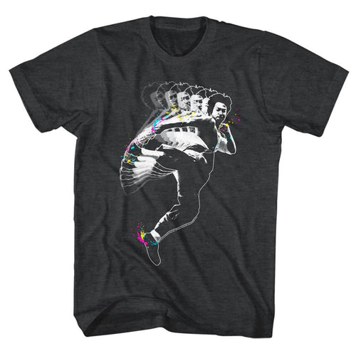 Black heather Bruce Lee t-shirt featuring Bruce Lee Splat Kick martial arts design