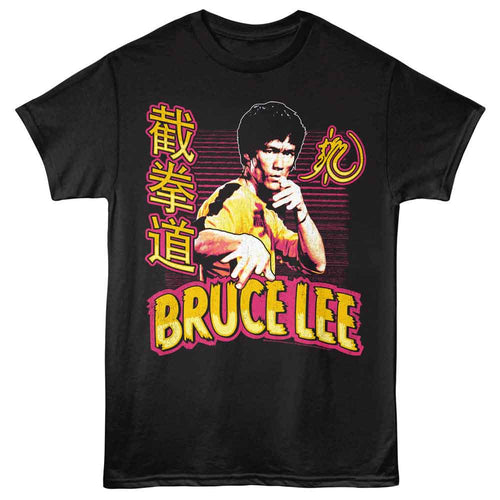 Black Bruce Lee t-shirt featuring Bruce Lee Bright Action martial arts design