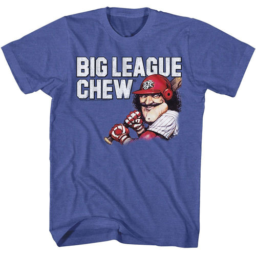 Royal blue heather Big League Chew t-shirt featuring Big League Chew Vintage Moustache pitcher design