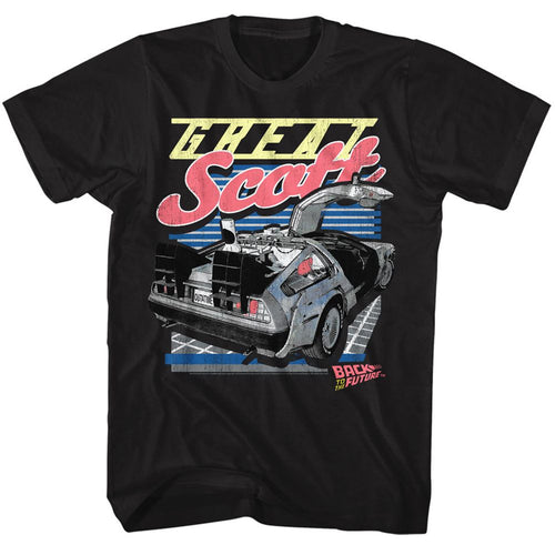 Black Back to the Future t-shirt featuring Back to the Future Great Scott design