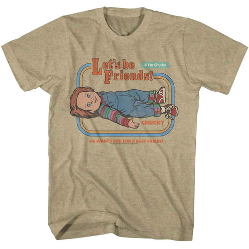 Khaki heather Chucky t-shirt featuring Chucky Let's Be Friends design