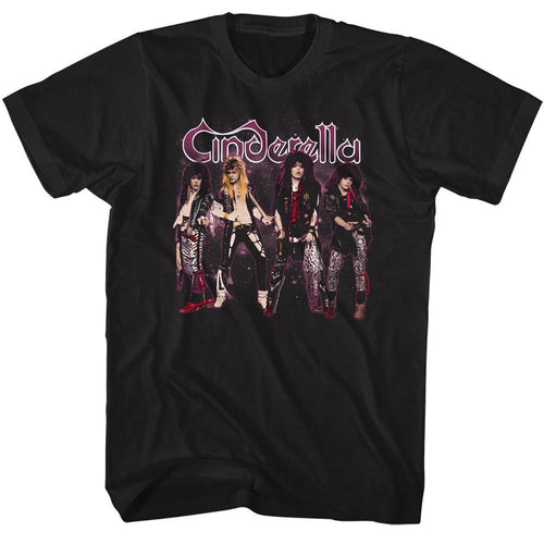 Black Cinderella band t-shirt featuring Cinderella Band Stands group photo design