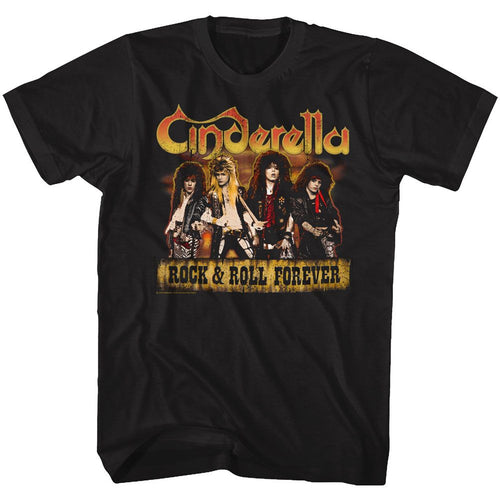 Black Cinderella band t-shirt featuring Cinderella Dudes Forever design