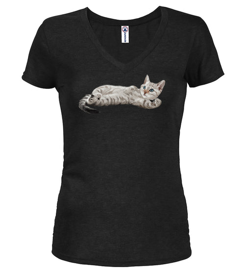 Black Cat Spluff Juniors V-Neck T-Shirt