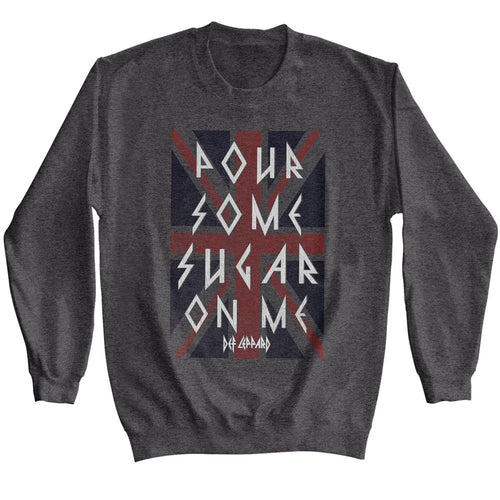 Dark heather Def Leppard sweatshirt featuring Def Leppard Pour Some Sugar on Me design