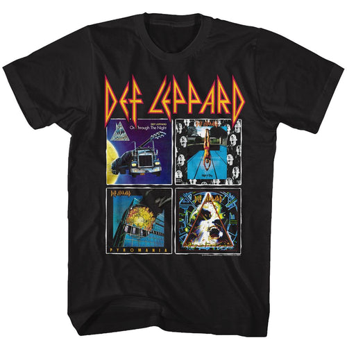 Black Def Leppard t-shirt featuring Def Leppard 80s Albums collage design