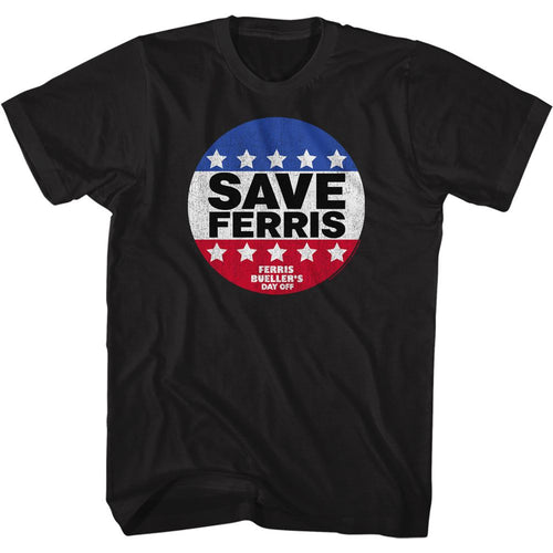 Black Ferris Bueller's Day Off t-shirt featuring Ferris Buellers Day Off Save Ferris Button design