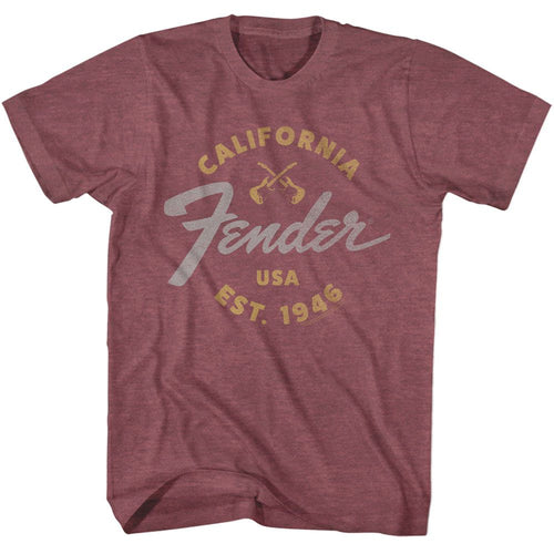 Vintage maroon heather Fender t-shirt featuring Fender California 1946 design