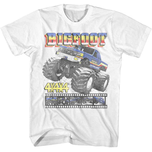 White Bigfoot t-shirt featuring Bigfoot Film Reel design
