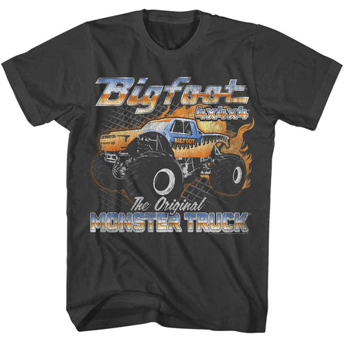 Smoke gray Bigfoot t-shirt featuring Bigfoot Flame Truck design