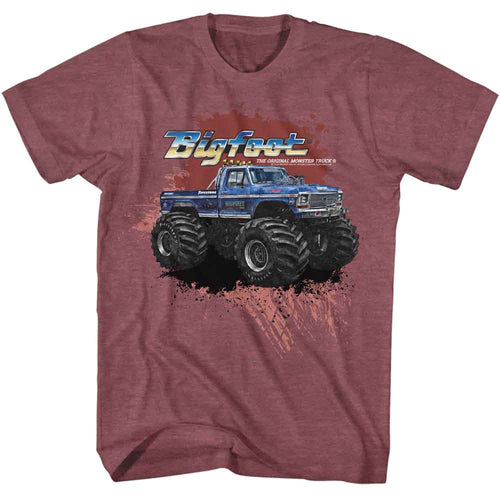 Vintage maroon heather Bigfoot t-shirt featuring Bigfoot Splatter Background design