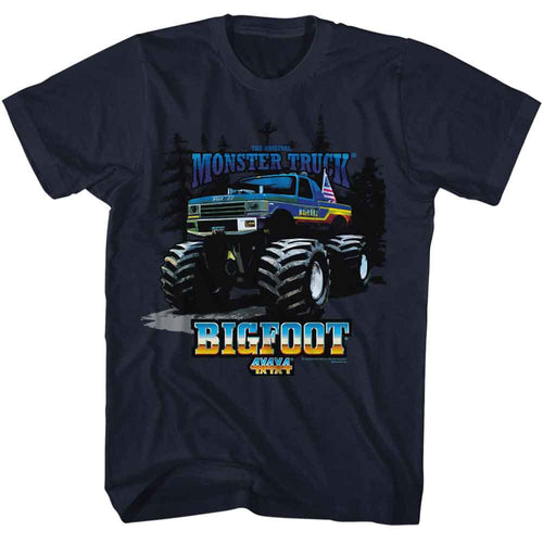 Navy Bigfoot t-shirt featuring Bigfoot Truck And Trees design