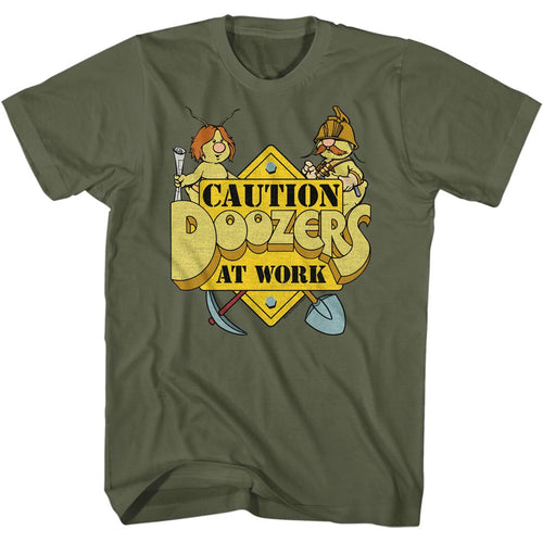 Military green Fraggle Rock t-shirt featuring Fraggle Rock Caution Doozers At Work design