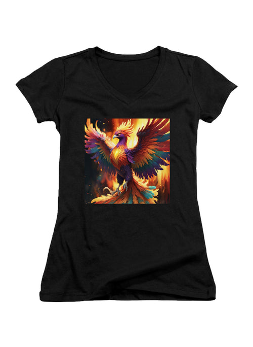 Black Fiery Phoenix Juniors V-Neck T-Shirt