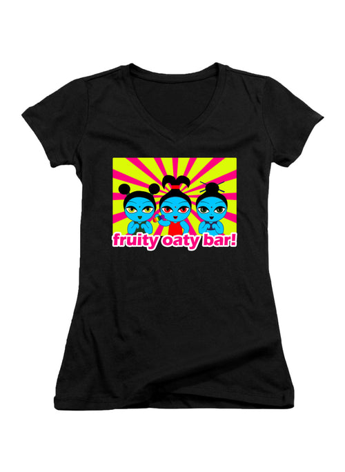 Black Fruity Oaty Bar Logo Juniors V-Neck T-Shirt