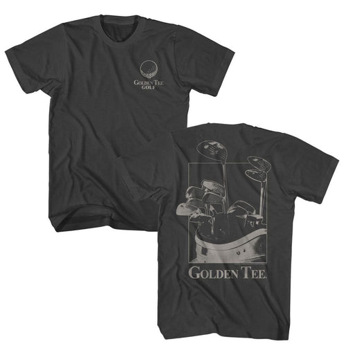 Smoke gray Golden Tee t-shirt featuring Golden Tee Golf Clubs front and back design