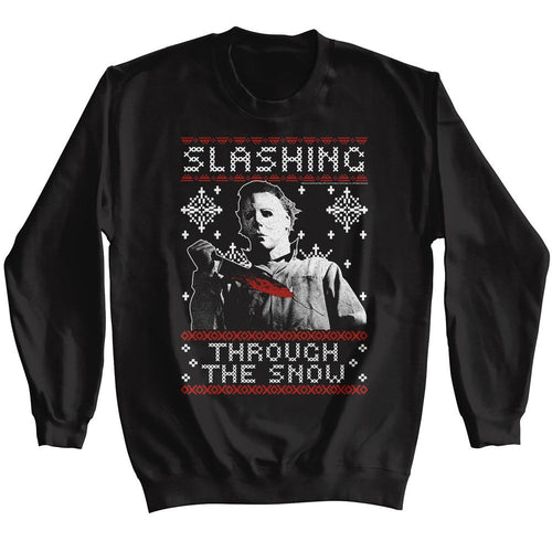 Black Halloween sweatshirt featuring Michael Myers Halloween slashing through the snow Christmas design