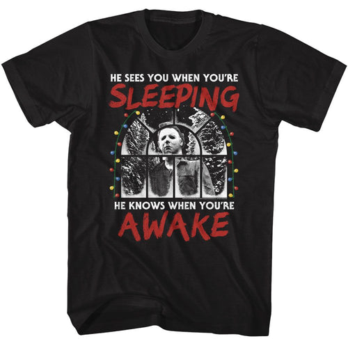 Black Halloween t-shirt featuring Halloween Sees You When You're Sleeping design