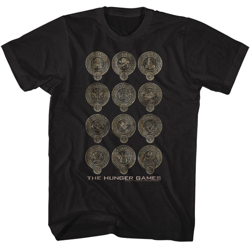Black The Hunger Games t-shirt featuring The Hunger Games District Badges design