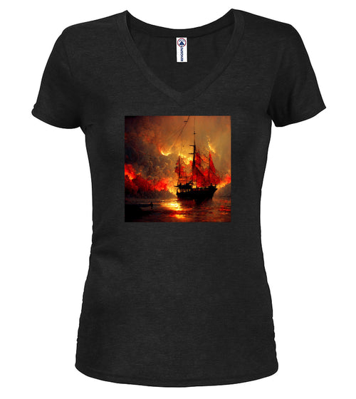 Black Burning pirate Juniors V-Neck T-Shirt